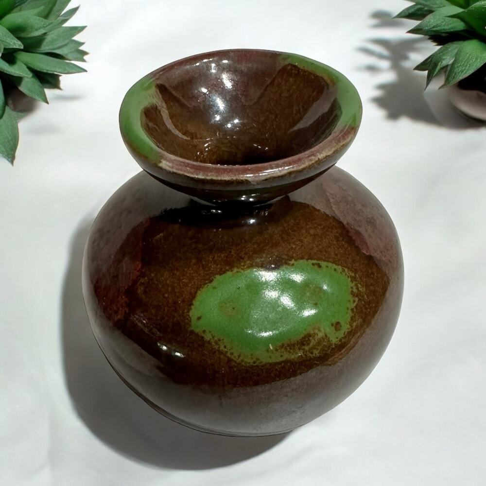 Vintage Mid Century Modern Brown Green Glaze Ceramic Pottery Vase